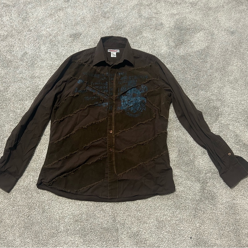 Brown Button-Up Shirt with Blue Graphic